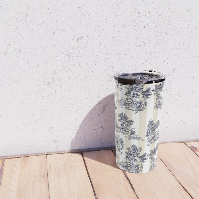 Toile de Jouy Vintage French Beige Cream & White Stripe Travel Mug Gallery Image 4