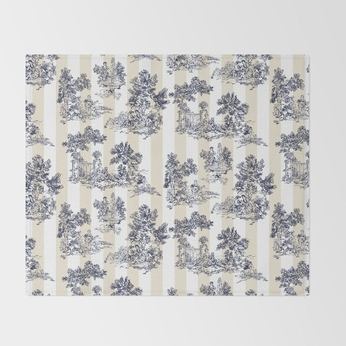 Toile de Jouy Vintage French Beige Cream & White Stripe Throw Blanket Gallery Image 2