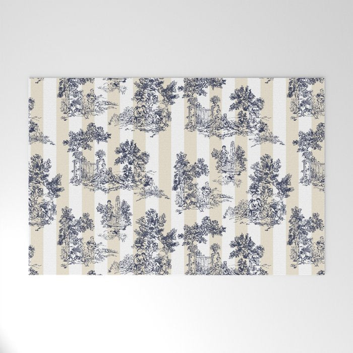 Toile de Jouy Vintage French Beige Cream & White Stripe Welcome Mat Gallery Image 1