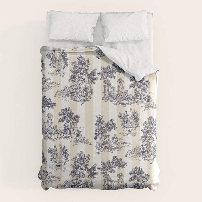 Toile de Jouy Vintage French Beige Cream & White Stripe Duvet Cover Gallery Image 1