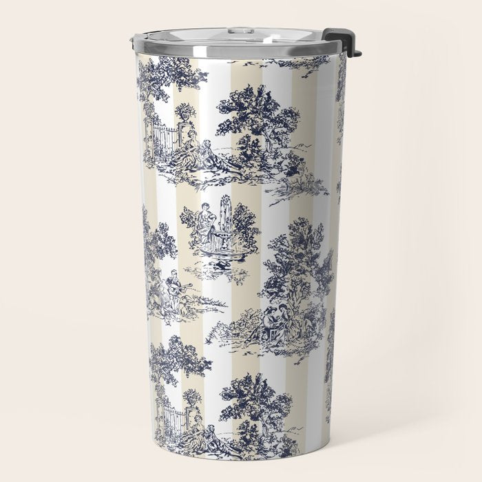 Toile de Jouy Vintage French Beige Cream & White Stripe Travel Mug Gallery Image 2