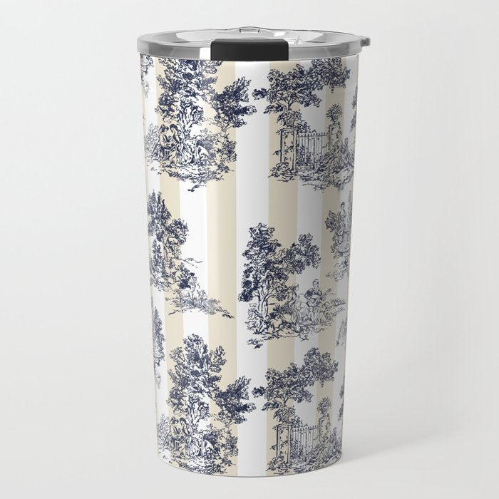 Toile de Jouy Vintage French Beige Cream & White Stripe Travel Mug Gallery Image 1