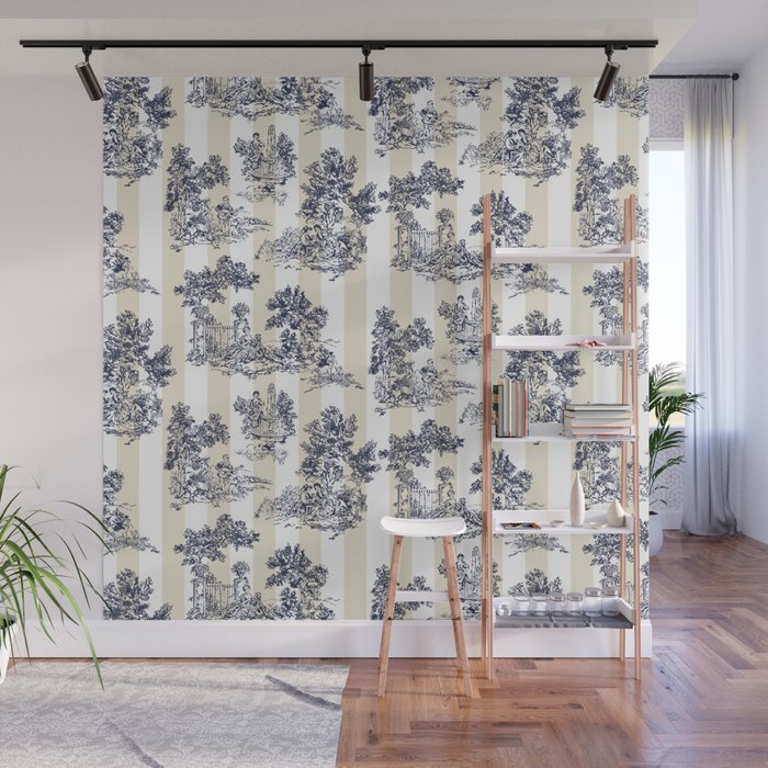 Toile de Jouy Vintage French Beige Cream & White Stripe Wall Mural Gallery Image 1