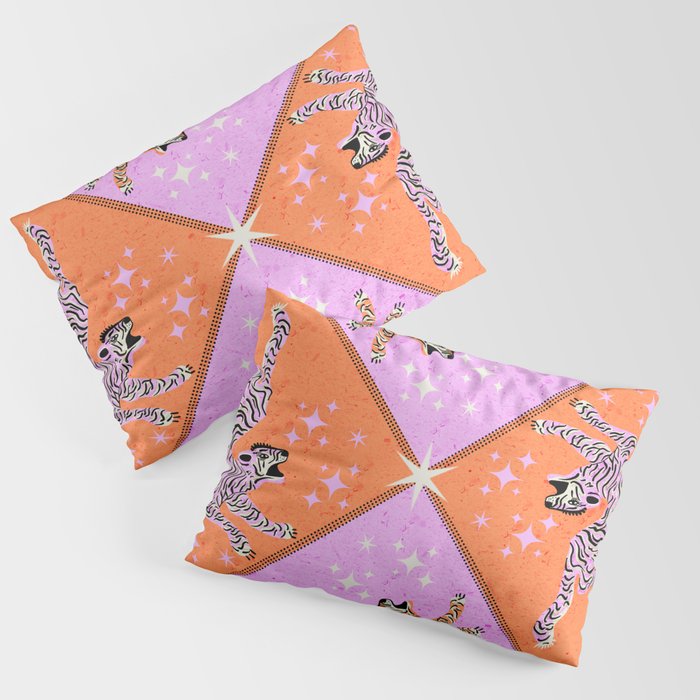 Retro vintage flying tiger geometric illustration in pink and orange background  Pillow Sham Gallery Image 3