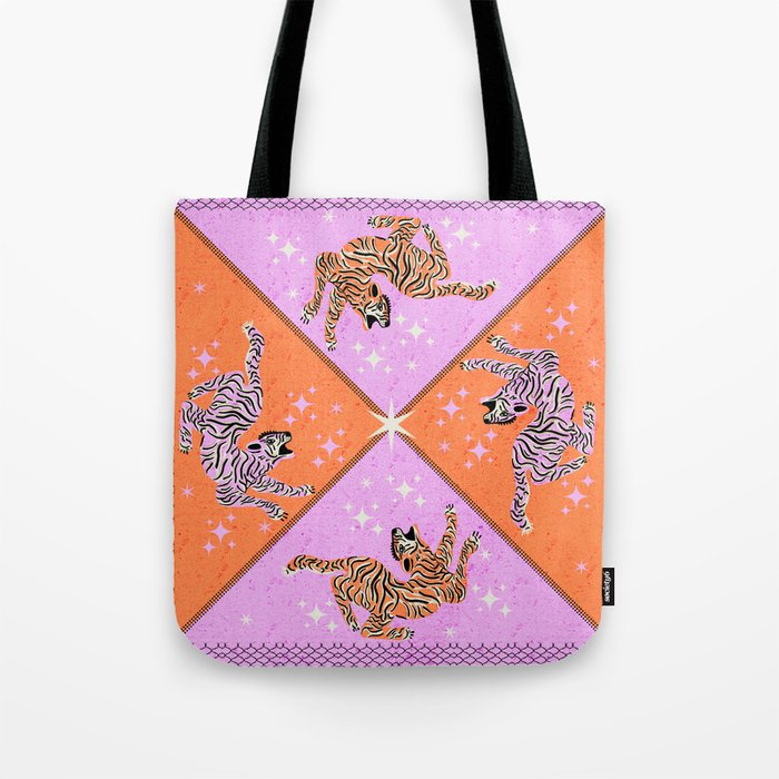 Retro vintage flying tiger geometric illustration in pink and orange background  Tote Bag Gallery Image 1