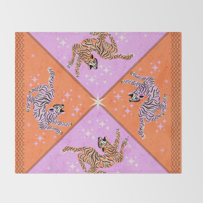 Retro vintage flying tiger geometric illustration in pink and orange background  Throw Blanket Gallery Image 2