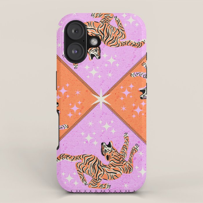 Retro vintage flying tiger geometric illustration in pink and orange background  iPhone Case Gallery Image 1