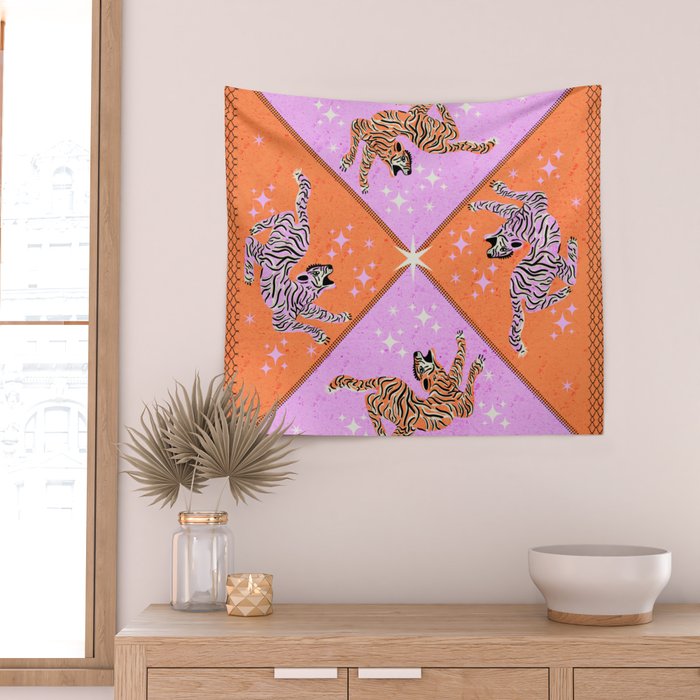 Retro vintage flying tiger geometric illustration in pink and orange background  Wall Tapestry Gallery Image 2