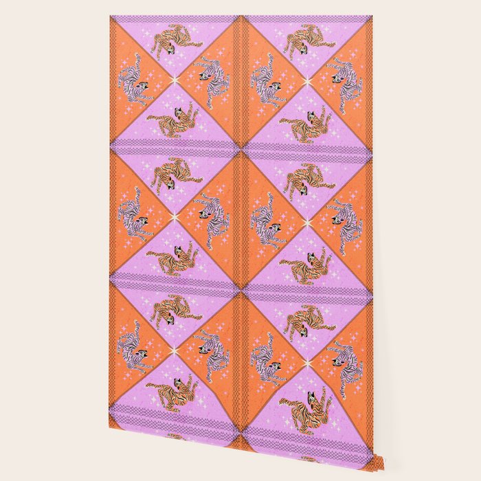 Retro vintage flying tiger geometric illustration in pink and orange background  Wallpaper Gallery Image 2
