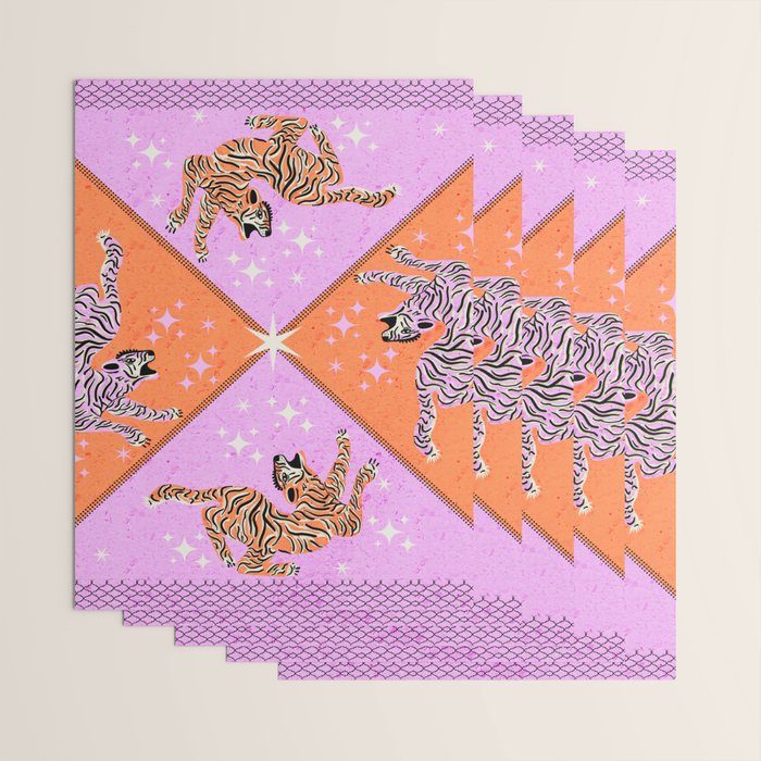 Retro vintage flying tiger geometric illustration in pink and orange background  Wrapping Paper Gallery Image 3