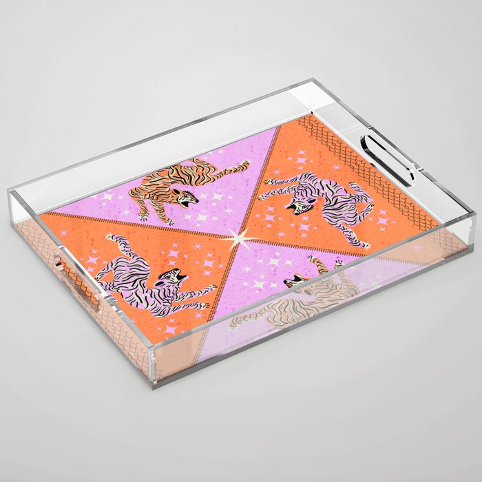 Retro vintage flying tiger geometric illustration in pink and orange background  Acrylic Tray Gallery Image 1