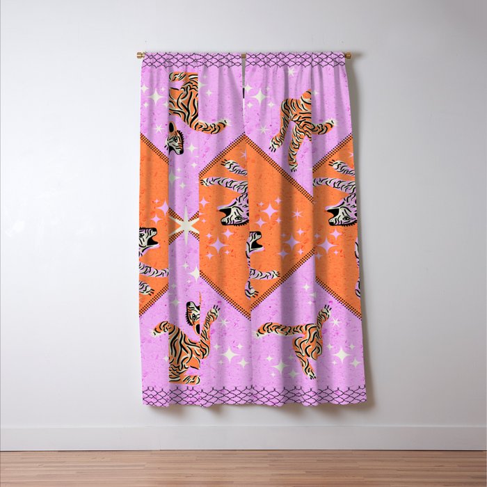 Retro vintage flying tiger geometric illustration in pink and orange background  Window Curtain Gallery Image 3