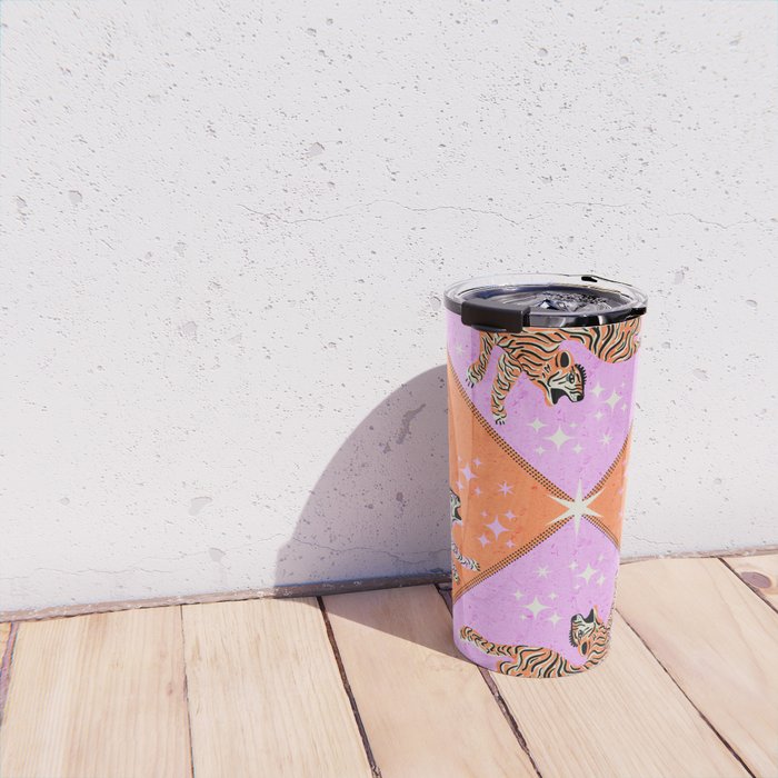 Retro vintage flying tiger geometric illustration in pink and orange background  Travel Mug Gallery Image 4