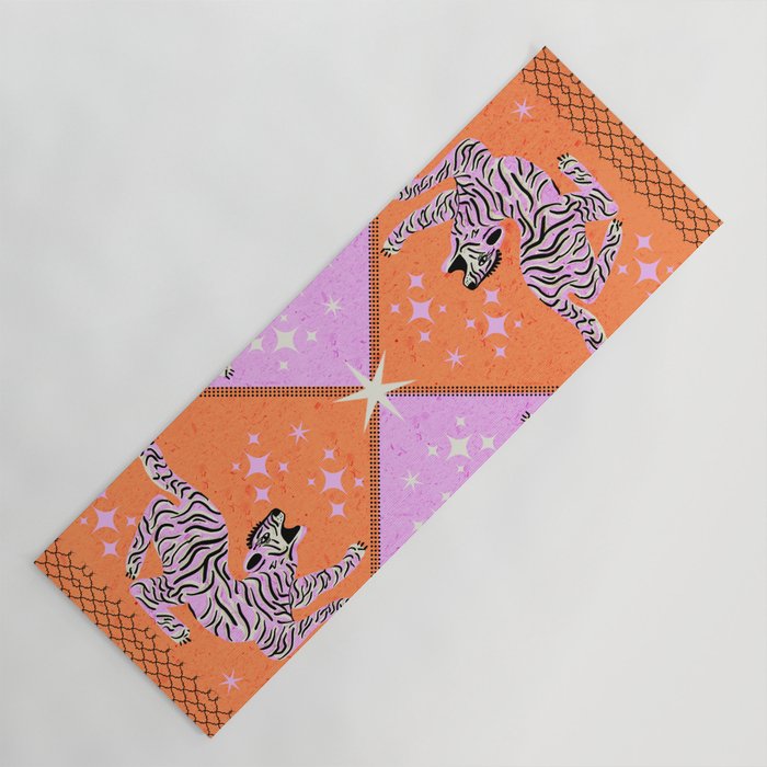 Retro vintage flying tiger geometric illustration in pink and orange background  Yoga Mat Gallery Image 1