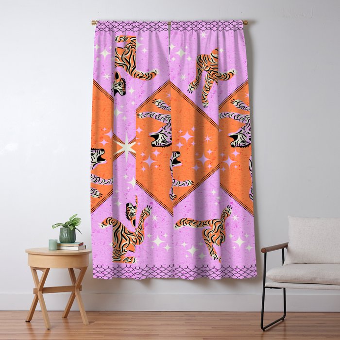 Retro vintage flying tiger geometric illustration in pink and orange background  Window Curtain Gallery Image 5