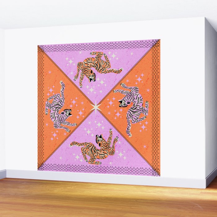 Retro vintage flying tiger geometric illustration in pink and orange background  Wall Mural Gallery Image 2
