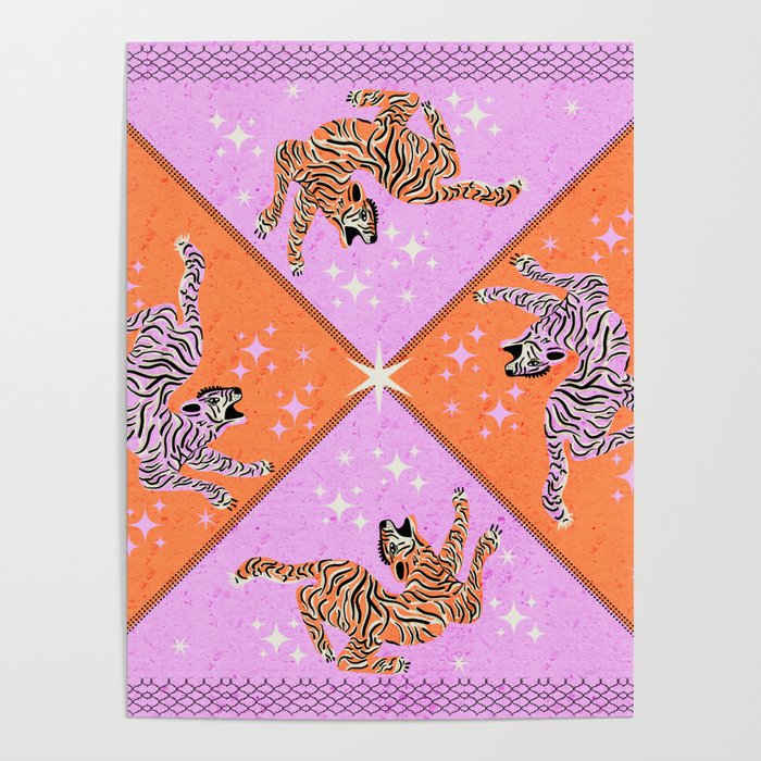 Retro vintage flying tiger geometric illustration in pink and orange background  Poster Gallery Image 4