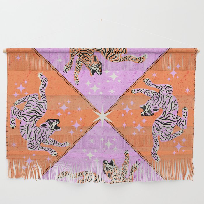 Retro vintage flying tiger geometric illustration in pink and orange background  Wall Hanging Gallery Image 1