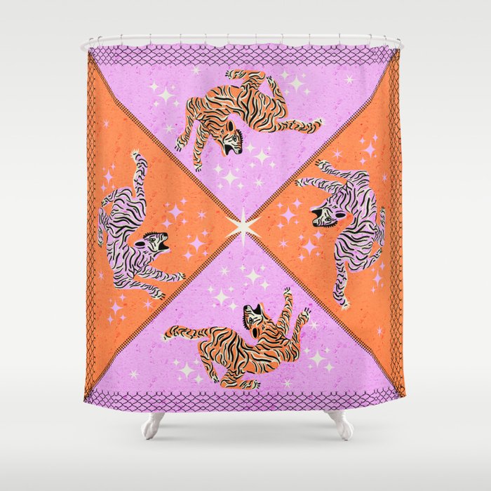 Retro vintage flying tiger geometric illustration in pink and orange background  Shower Curtain Gallery Image 1