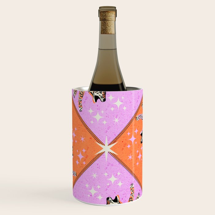 Retro vintage flying tiger geometric illustration in pink and orange background  Wine Chiller Gallery Image 1