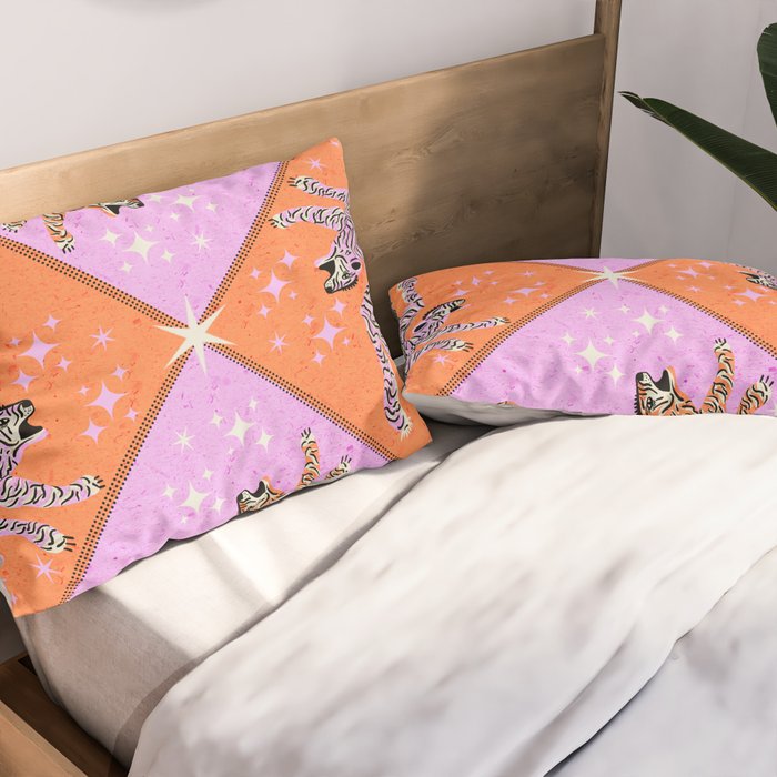 Retro vintage flying tiger geometric illustration in pink and orange background  Pillow Sham Gallery Image 2