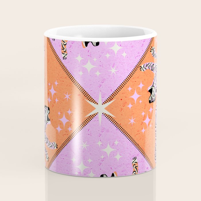 Retro vintage flying tiger geometric illustration in pink and orange background  Coffee Mug Gallery Image 4