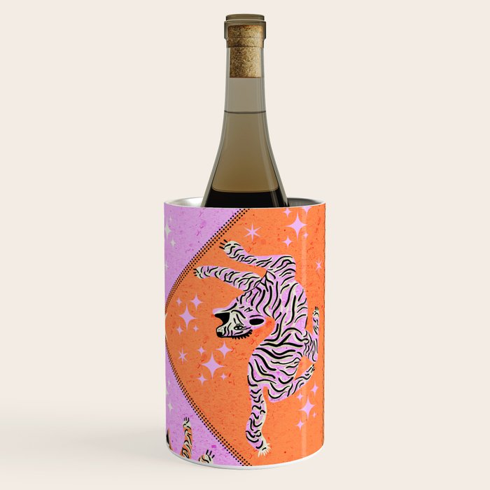 Retro vintage flying tiger geometric illustration in pink and orange background  Wine Chiller Gallery Image 3