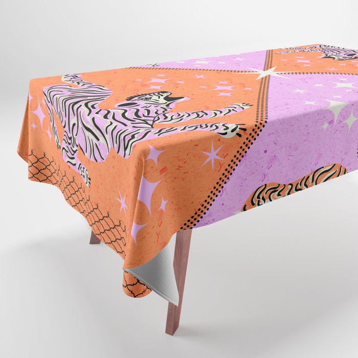 Retro vintage flying tiger geometric illustration in pink and orange background  Tablecloth Gallery Image 1