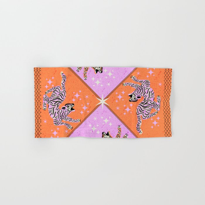 Retro vintage flying tiger geometric illustration in pink and orange background  Bath Towel Gallery Image 1