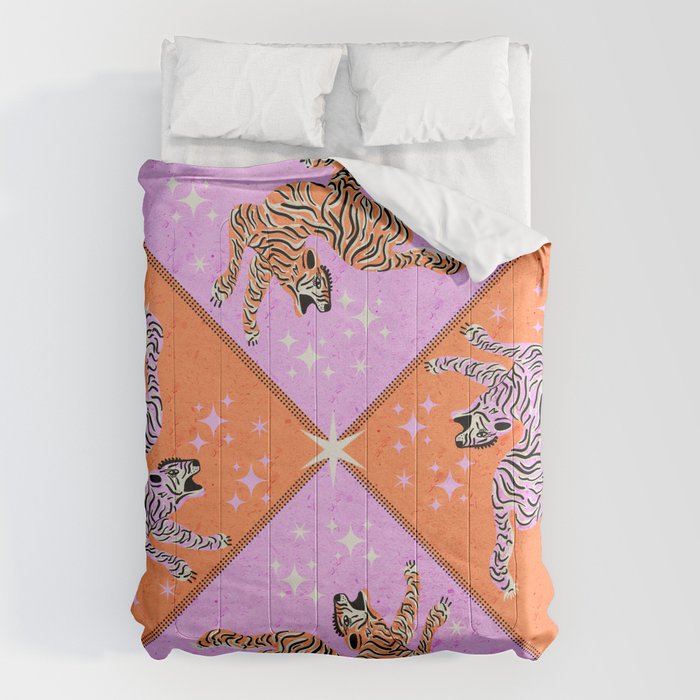 Retro vintage flying tiger geometric illustration in pink and orange background  Comforter Gallery Image 1