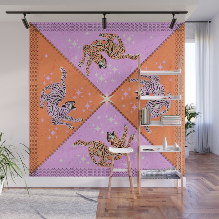 Retro vintage flying tiger geometric illustration in pink and orange background  Wall Mural Gallery Image 1