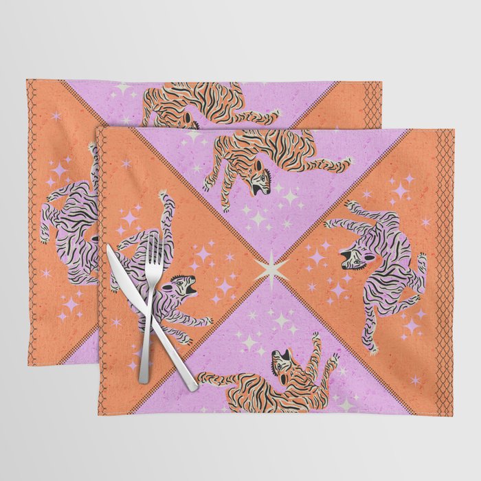 Retro vintage flying tiger geometric illustration in pink and orange background  Placemat Gallery Image 1