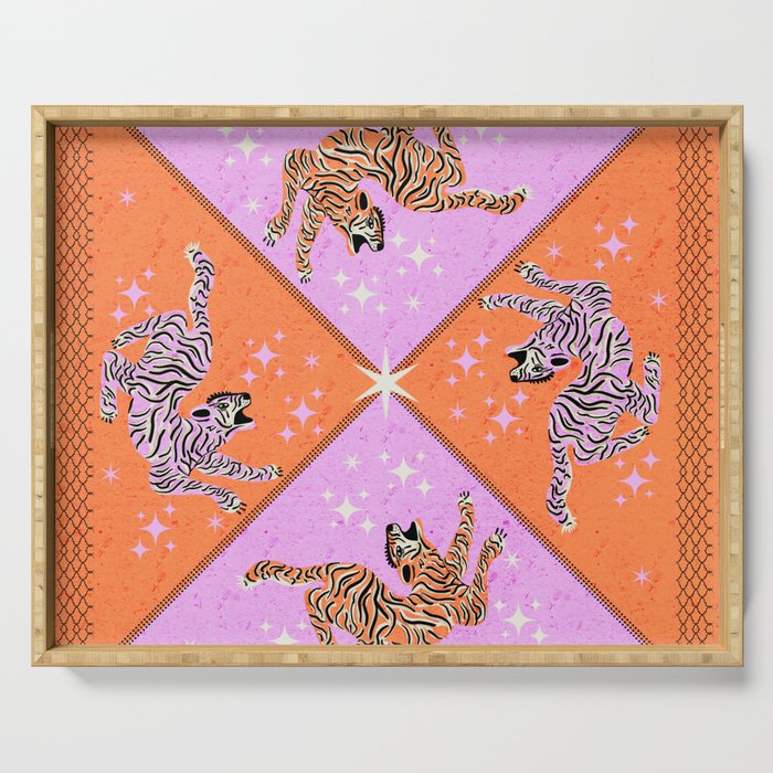 Retro vintage flying tiger geometric illustration in pink and orange background  Serving Tray Gallery Image 1