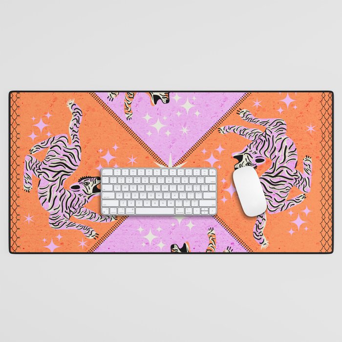 Retro vintage flying tiger geometric illustration in pink and orange background  Desk Mat Gallery Image 1