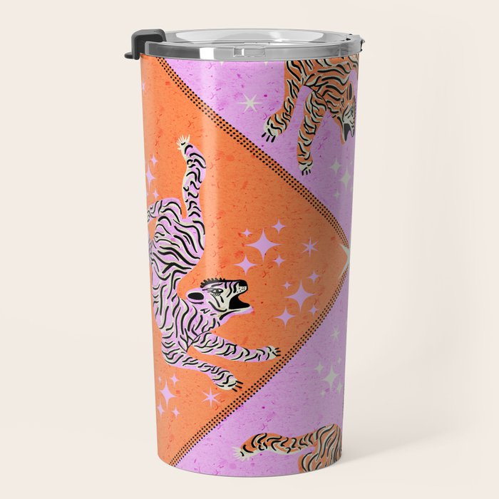 Retro vintage flying tiger geometric illustration in pink and orange background  Travel Mug Gallery Image 3