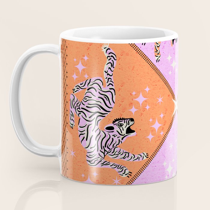 Retro vintage flying tiger geometric illustration in pink and orange background  Coffee Mug Gallery Image 3