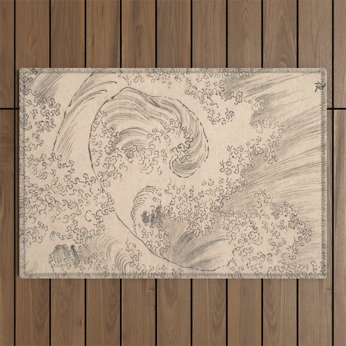 Wave by Katsushika Hokusai 1760-1849 Japanese Woodblock Allover Pattern Black and Tan Ink Drawing Outdoor Rug Gallery Image 1
