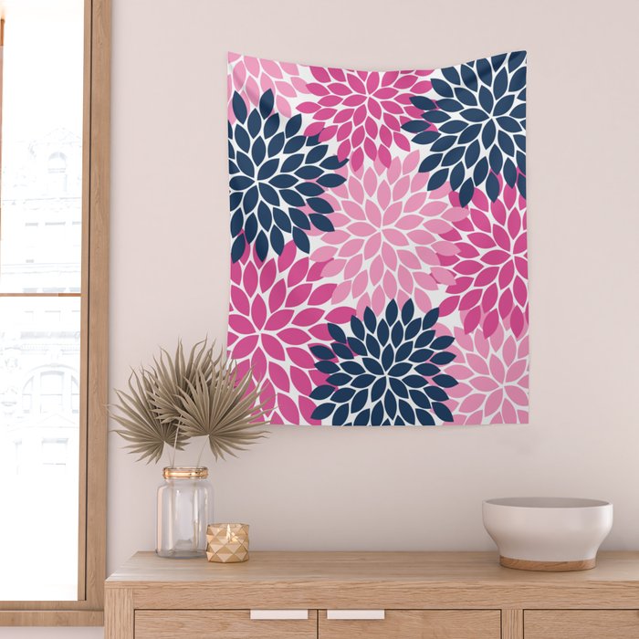 Flower Burst Petals Navy Pink Wall Tapestry Gallery Image 2