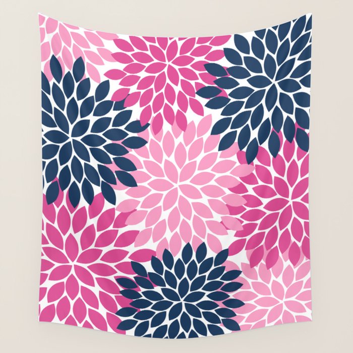 Flower Burst Petals Navy Pink Wall Tapestry Gallery Image 1