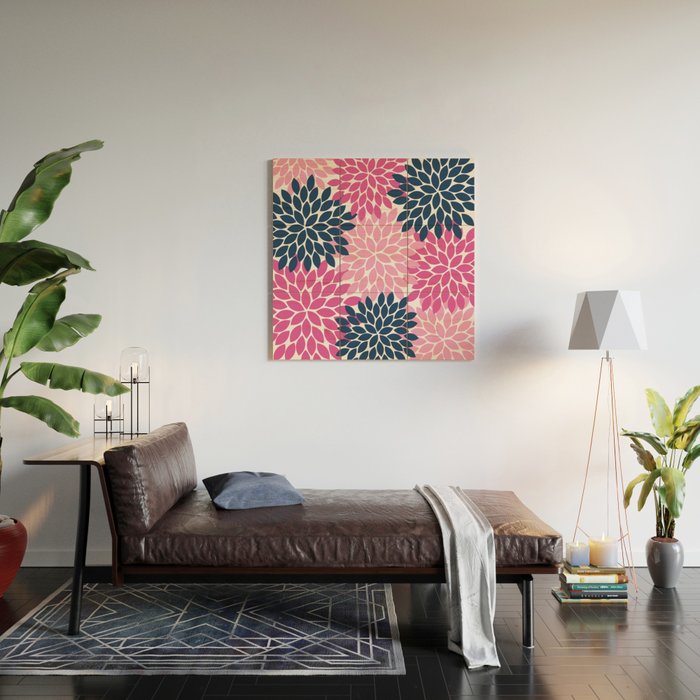 Flower Burst Petals Navy Pink Wood Wall Art Gallery Image 2