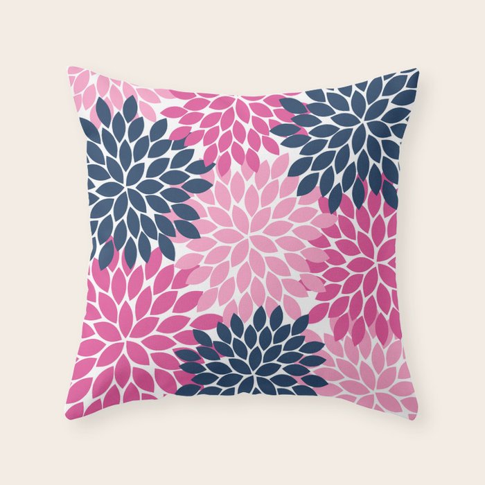 Flower Burst Petals Navy Pink Throw Pillow