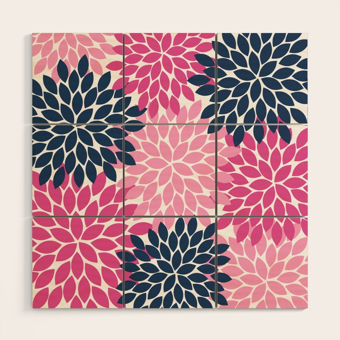 Flower Burst Petals Navy Pink Wood Wall Art Gallery Image 1