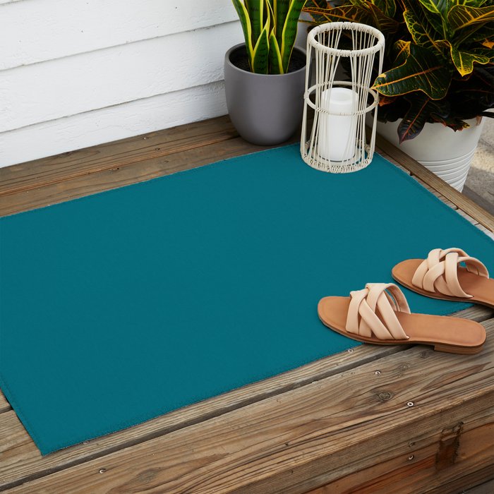 Deep Teal Blue Solid  Outdoor Rug Gallery Image 2