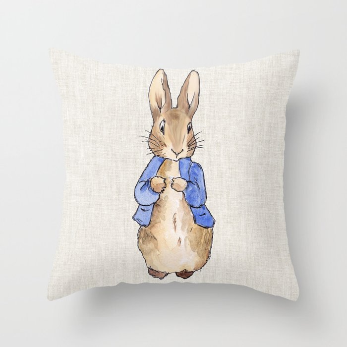 Peter the rabbit beige linen textured background Throw Pillow Gallery Image 6