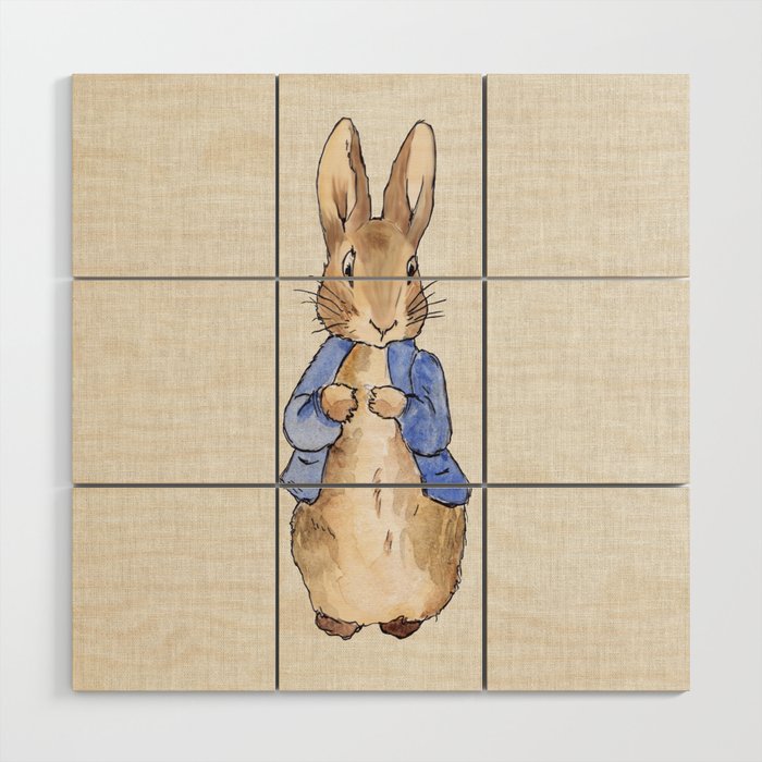 Peter the rabbit beige linen textured background Wood Wall Art Gallery Image 1