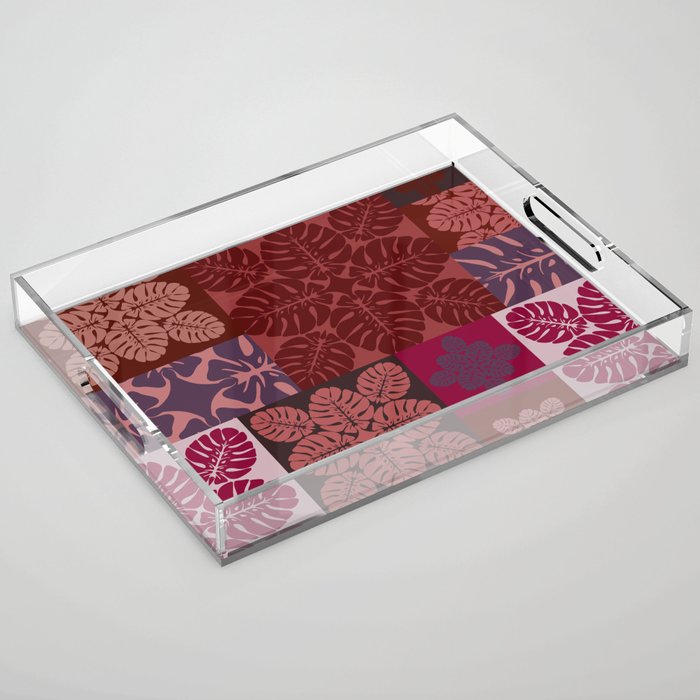 Hawaiian quilt Monstera pattern in maroon Acrylic Tray Gallery Image 1