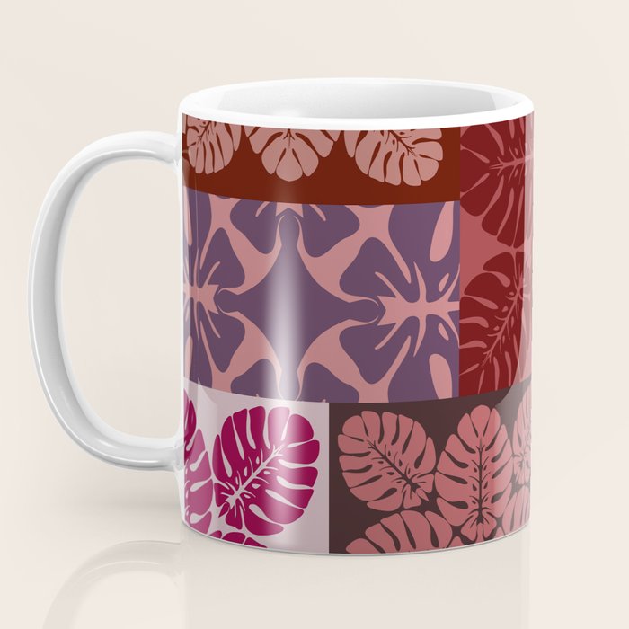 Hawaiian quilt Monstera pattern in maroon Coffee Mug Gallery Image 3