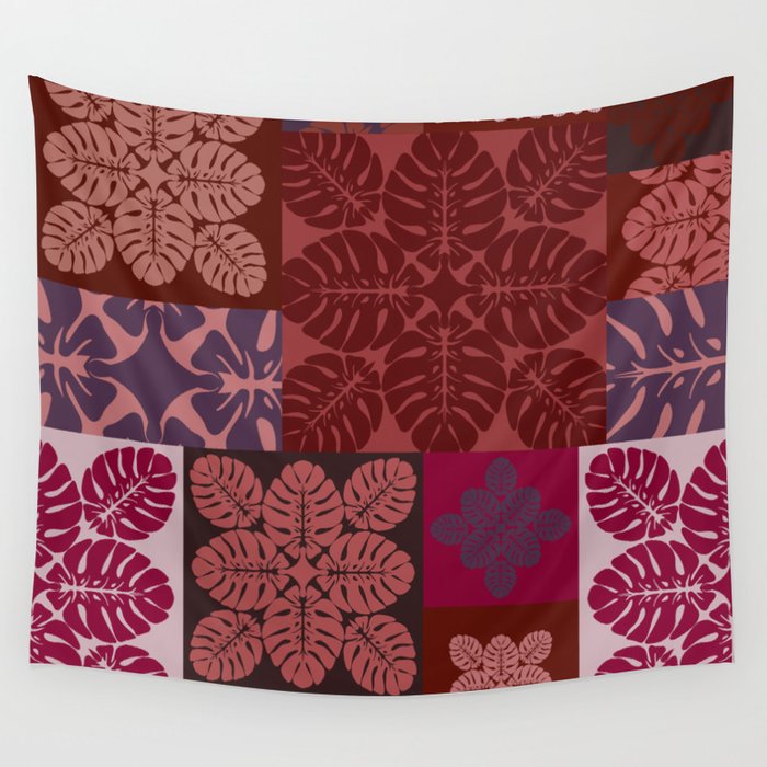 Hawaiian quilt Monstera pattern in maroon Wall Tapestry Gallery Image 4