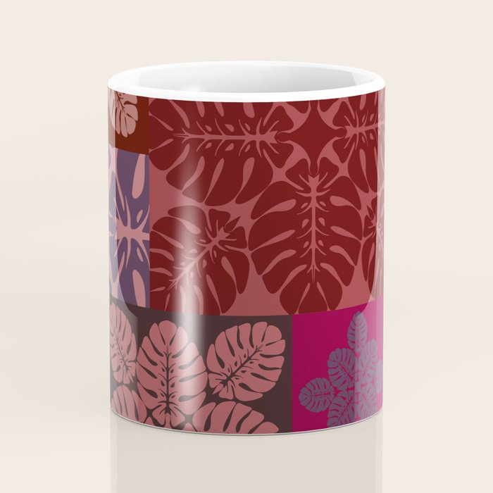 Hawaiian quilt Monstera pattern in maroon Coffee Mug Gallery Image 4