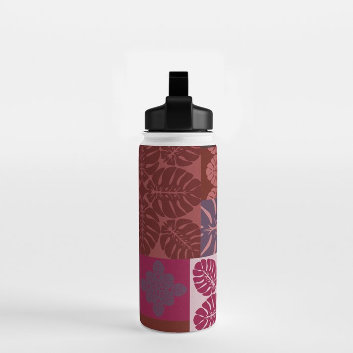 Hawaiian quilt Monstera pattern in maroon Water Bottle Gallery Image 2